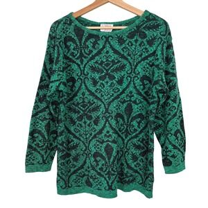 Beldoch Popper VTG Green Black Damask‎ Fleur De Lis Knit Sweater LRG Made in USA